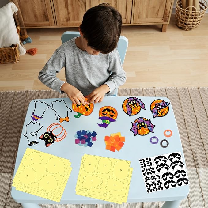 Renbuzhu 40PCS Halloweens Crafts Bulk: Ghosts Pumpkins Paper Suncatchers DIY Kit Party Activities Decorations, Window Stained Glass Effect Art Supplies