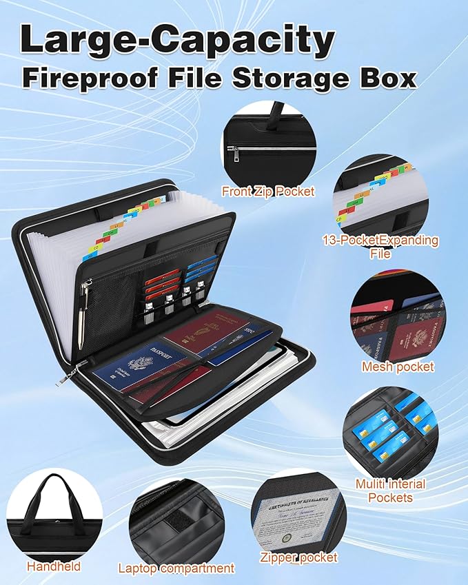 Fireproof Important Document Organizer Folio - Accordion File Organizer, 13 Pocket Expanding File Folder with Labels (Minimalist)