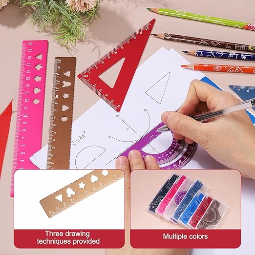 PATIKIL 8 Pcs Geometry Drafting Tool, Aluminum Alloy Geometry Kit Math Tool Includes 15cm L Ruler Protractor Triangles for Drafting Angle Measure Simple Science Experiment, Gold