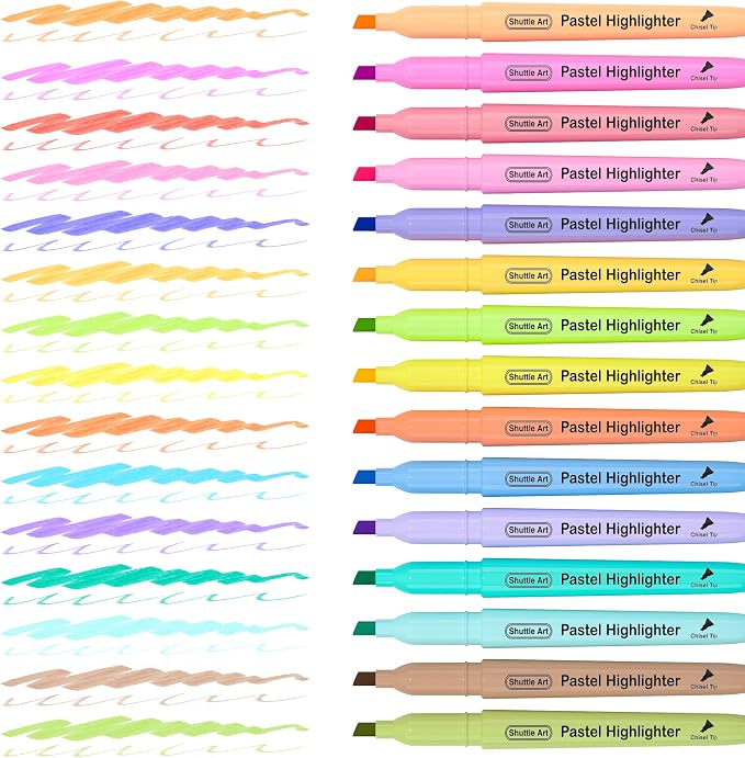 Shuttle Art Highlighters, 15 Colors Pastel Highlighter Pens Assorted Colors, Chisel Tip Dry-Quickly Non-Toxic Highlighter Markers for Adults Students Highlighting in the Home School Office