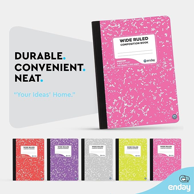Enday Composition Notebooks Wide Ruled Paper, Colored Marble Composition Notebook Covers, 100 Sheets (200 pages) Composition Books, Assorted Colors Marble Notebooks Wide Ruled For School, 6 Pack