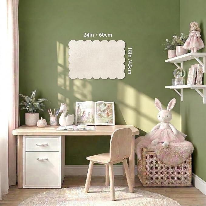 Scalloped Bulletin Board, 24x18 Scalloped Felt Bulletin Board, 2' x 1.5' Foldable Picture Display with 20 Pins & 5 Cute Decors - Beige