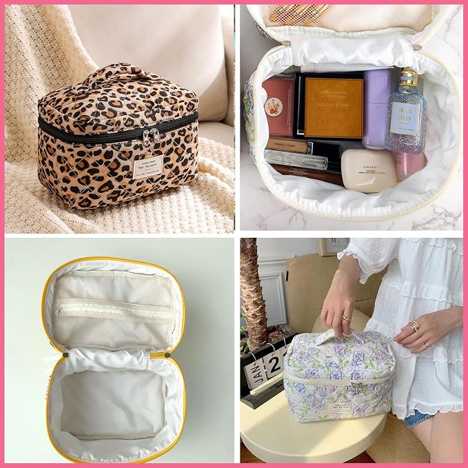 uekeboag Large Travel Quilted Makeup Bag for Women | Soft Floral Cotton Cosmetic Bag, Foldable Coquette Aesthetic Toiletry Organizer