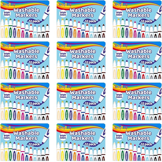 TooyBing Washable Markers Bulk (144 Count, 12 Box), 12 Assorted Colors, Washable Markers for Kids Classroom School, Broad Tip Durable for Back to Classroom Art School Supplies Essentials
