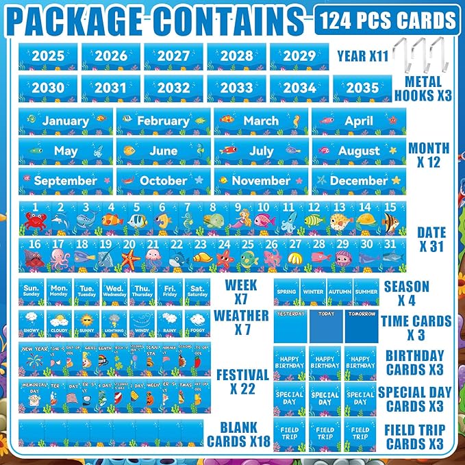 Weysat Classroom Calendar Pocket Chart Set Calendar Bulletin Board with Pocket Bulletin Board Season Festival Weather Date Chart for Preschool Elementary School Teacher Supplies(128 Pcs,Sea Animals)