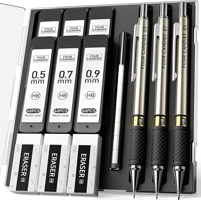 3PCS Metal Mechanical Pencil Set - 0.5 & 0.7 & 0.9mm with 360 Leads, 12 Erasers, Art Mechanical Pencils Pack with Storage Case for School Writing, Sketching, Drawing & Professional Drafting