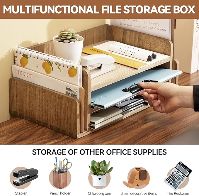KIRIGEN Wood Desk Organizer 5 Trays, 3-Tier Desktop Document Letter Tray with Side Slots, Fully Assembled Mail Sorter and File Folder Holder for Home Office, Brown 2TP-DBR