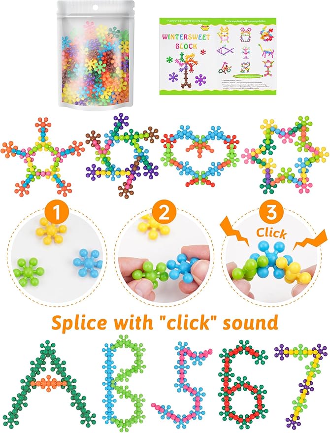 100PCS Snowflake Interlocking Building Block Educational Toy for Kids Ages 3+, Multi-Color Solid Plastic Early Learning Creativity STEM Toy with Carrying Case Safe Material