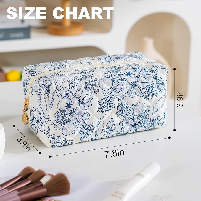 Makeup Bag Travel Toiletry Bag for Women, Small Cosmetic Bags Cute Quilted Cotton Makeup Pouch for Purse Emergency Bag Pencil Case Accessory Bag, Light Cyan