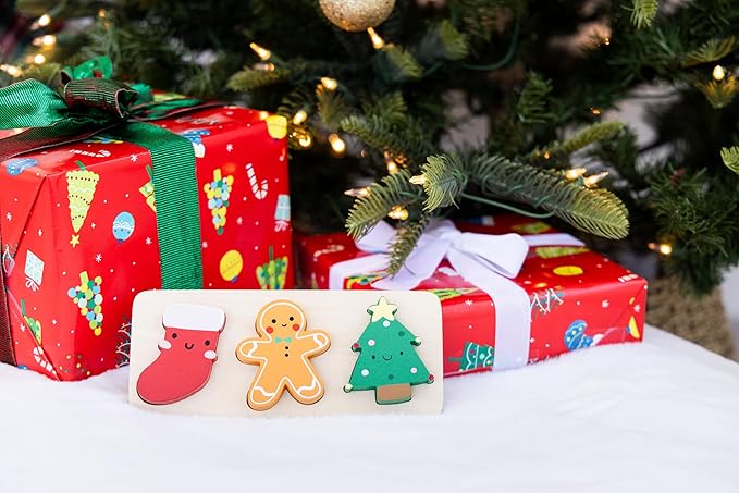 Pearhead 3 Piece Set Wooden Holiday Puzzle, Kids Christmas Toy, Stocking Stuffer for Children, Holiday Ideas