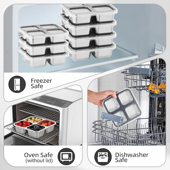 BEFOY 4-Pack Stainless Steel Snack Containers – 4 Compartment Leak-Proof Bento Box for Meal Prep, School, Picnic & Travel – Nestable & Reusable for Kids & Adults (grey, 2)