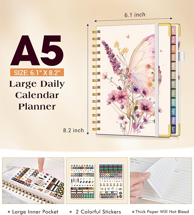 Academic Planner 2026-2027, Hardcover Weekly and Monthly Calendar Planner from July 2026 - June 2027, 6.1" x 8.2" A5 Daily Agenda with Tabs, College School Organizer for Student Teacher, Butterfly Bouquet