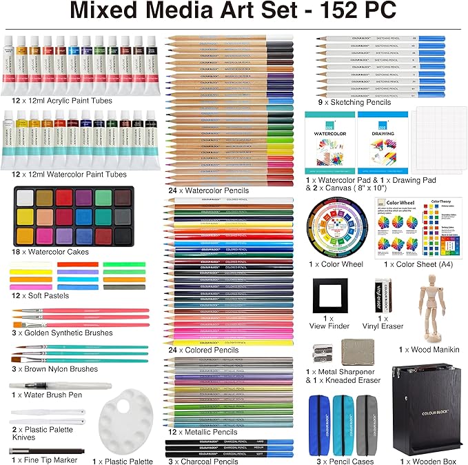 COLOUR BLOCK 152 Wooden Easel Art Supplies Set, Professional Painting and Drawing Kit with Acrylic Paints, Watercolor Paints, Sketch Pad, and Pencils for Adults and Mixed Media Artists