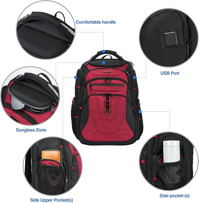 KROSER TSA Friendly Travel Laptop Backpack 17.3 inch XXXL Gaming Backpack Water-Repellent College Daypack Business Backpack with RFID Pockets & USB Port for Men/Women-Black/Red