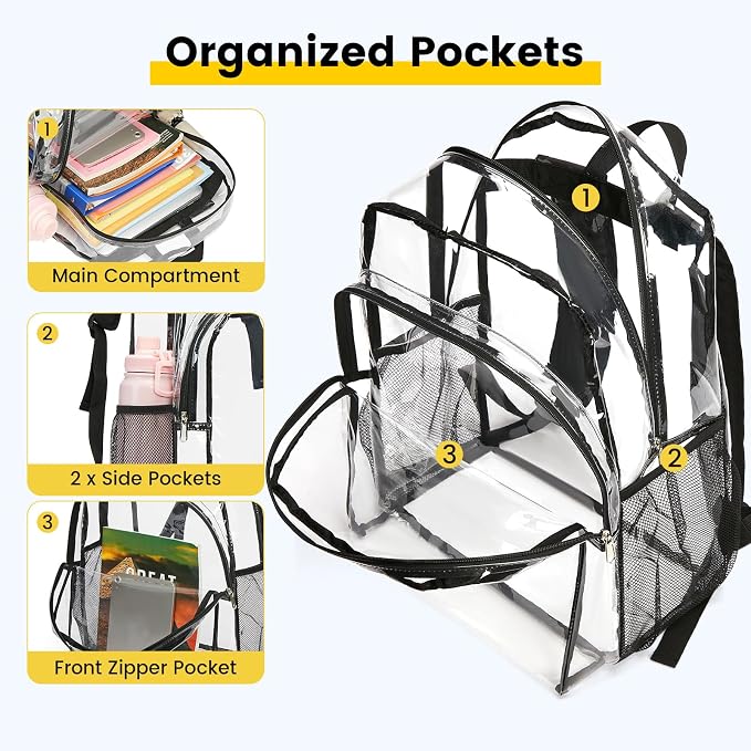 Vorspack Clear Backpack Heavy Duty - Transparent See Through Backpacks Extra Large Clear Bookbag for College Work Travel - Black