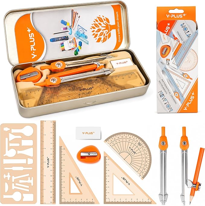 YPLUS Geometry Set for Students, Math Protractor Compass, Box of Protactors Kit for Class Supplies and School Kids Toddler - 11 Pcs