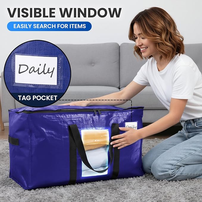 TAILI 12 Pack Dark Blue Extra Large Moving Bags, Heavy Duty Totes with Visible Window, Wrap Around Handles, Great for Space-Saving