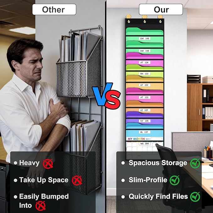 ABCxGOOD 10 Pockets Hanging Wall File Organizer, Transparent Clear Pockets Storage Chart with Over Door Hooks for Office, Classroom & Home, File Folder & Paper Organizer, Includes Labels (10 Pockets)