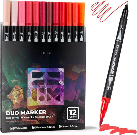 ZSCM Red Duo Tip Marker Pens, 12 Pack Fine & Brush Markers for Adult Coloring Books No Bleeding, Vibrant Red Markers for Holiday Cards, Bold Lettering, Attention-Grabbing Highlights and Logos