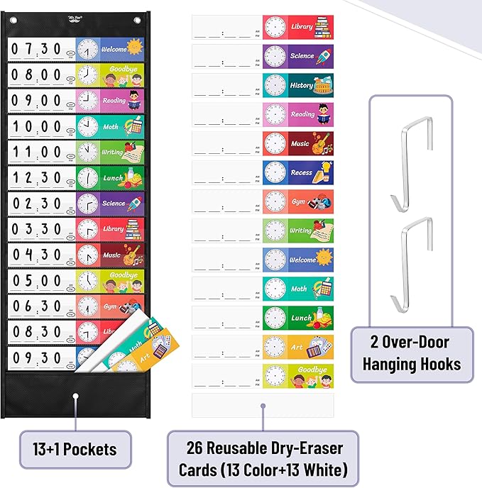 Mr. Pen Daily Schedule Pocket Chart, 13+1 Pockets, 26 Double Sided Reusable Cards (13 Colored+13 Blank), 12.8'x35', Classroom Schedule Chart