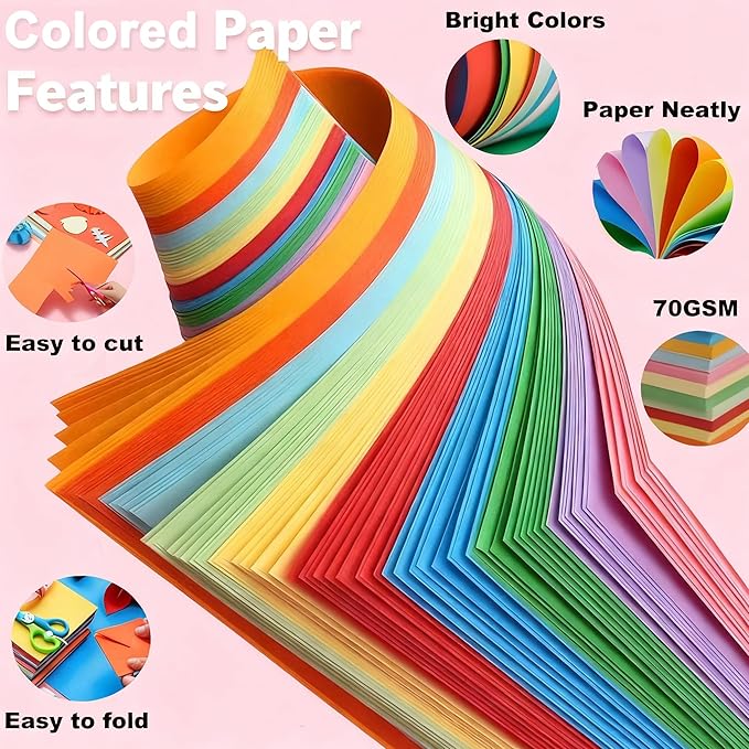 Colored Paper 100 Sheets, 20 Assorted Colors Construction A4 Copy Paper for School Classroom Supplies, Color Bulk Craft Art Papers for Arts & Crafts, Colorful Drawing, Painting (70gsm/19lb)