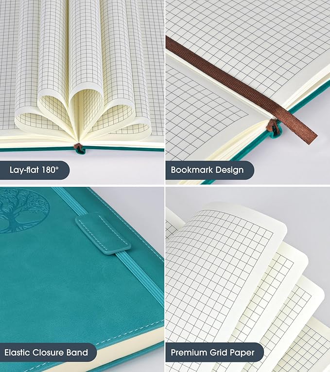 Biuwory Graph Paper Notebook Journal for Women Men,140 Pages Hardcover Grid Notebooks for Work & School,Leather Journals for Writing, Graphing Paper Notebook 5.7"×8.3" (Blue)