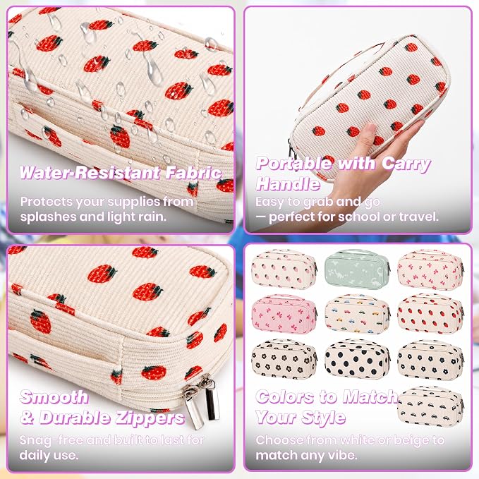 Big Capacity Pencil case,Soft Corduroy Pencil Bag,Cute Pen Case with Handle,5 Compartments, Wide Opening Pen Pouch Organizer for Teen Girls Women (Strawberry)