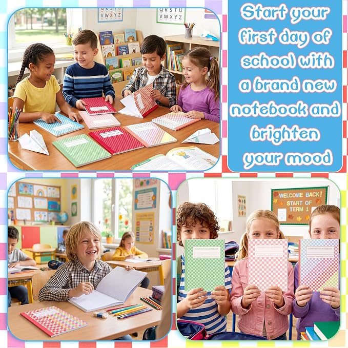 Fullhawl 6 Pcs Composition Notebook Wide Ruled Cute Preppy Colorful Checkered Aesthetic Notebook for Back to School 110 Page 9-3/4 x 7-1/2" Journal Gift for First Day of School, Student, Teacher Check