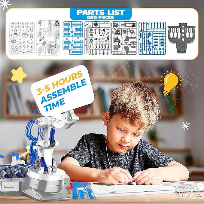 SMIESSKIDDO 3 in 1 Hydraulic Robot Arm - 220 Pcs STEM Building Toys with 4-Jaw Grab, Suction & Tongs for Kids 8-12 | No Batteries Needed Engineering Gift for Boys & Girls Ages 9 10 11 - White