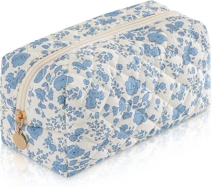 Makeup Bag Travel Toiletry Bag for Women, Small Cosmetic Bags Cute Quilted Cotton Makeup Pouch for Purse Emergency Bag Pencil Case Accessory Bag, Blue