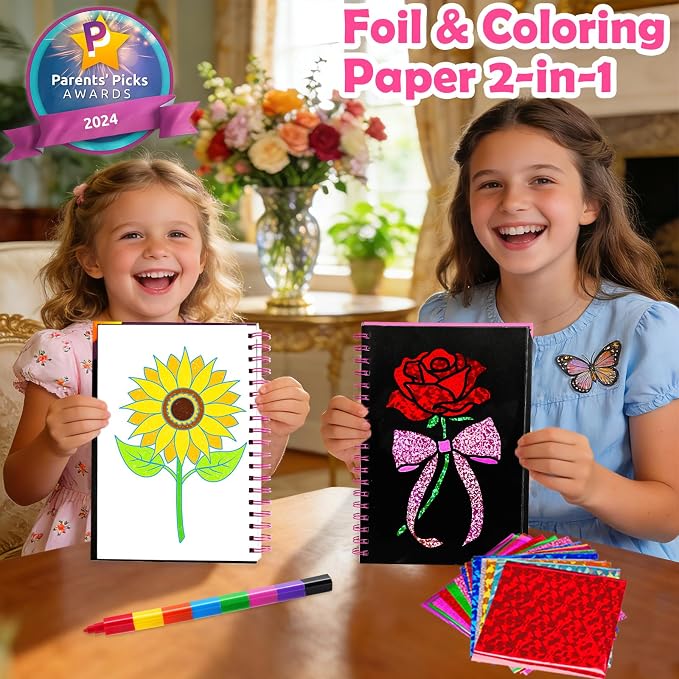 FUNNYB&G Foil Art Craft Kit for Girls 4-10 Years Old: Mess-Free & No-Glue, Create 16 Sparkly Flower Pictures – Perfect Travel Toy & Birthday Gift for Kids(Flower)