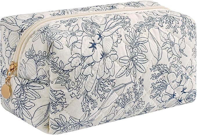 JOVAKIT Square Makeup Bag Cute Cosmetic Bag for Women, Floral Coquette Aesthetic Toiletry Bag, Zipper Make Up Pouch, Travel Make Up Organizer Bag (Navy Blue Flower)