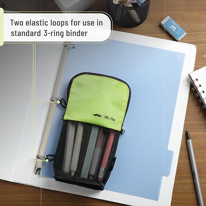 Mr. Pen- Standing Pencil Case Pouch, Sit & Lay Mesh-View Design, Black & Lawn Green, Interior Pocket & 2 Elastic Binder Loops, Cute Pencil Case for Girls and Boys
