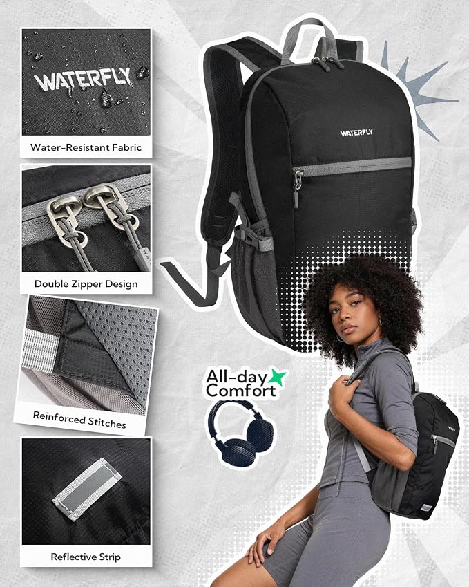 WATERFLY Small Packable Travel Backpack: 10L Ultra-Light Daypack for Adults | 9.2 oz,Water-Resistant Nylon,Breathable Mesh Straps,Reflective Strips,Emergency Whistle,Multi-Pockets,Hiking,Cycling,Commute