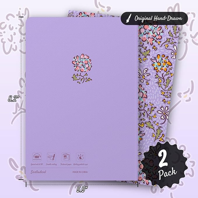Stitched Composition Notebooks 2-Pack with Unique Art Designed Cover, A5 Lined Diary (8.2"L*5.5"W), Lay Flat Design, Thicked Paper Writes Smoothly for School and Office (Flower Ball)