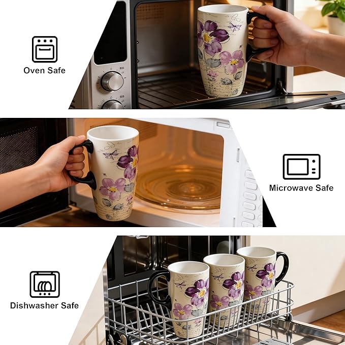 Topadorn Tall Ceramic Travel Mug 17 oz. Coffee Cups Sealed Lid With Color Box (Purple Flower)