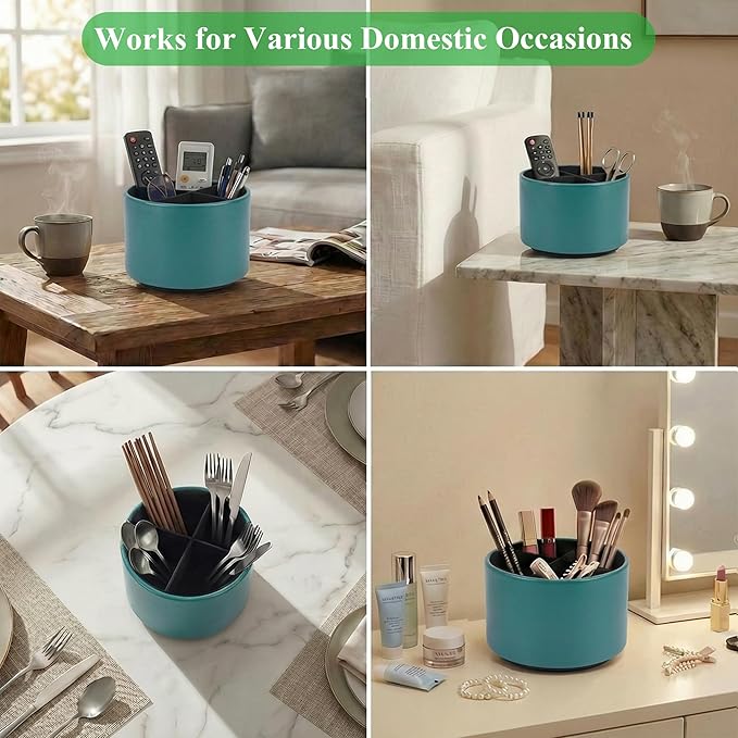 Round Leather Art Supply Organizer,Remote Control Holder,360 Degree Spinning,Multi-Functional Pencil Holder,4 Compartments Desktop Stationary Organizer(1-Sheep Green)