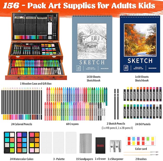 Hapikalor 156-Pack Art Kit Drawing Set with 2 Sketch Book, Crayons, Colored Pencils, Arts and Crafts Art Supplies