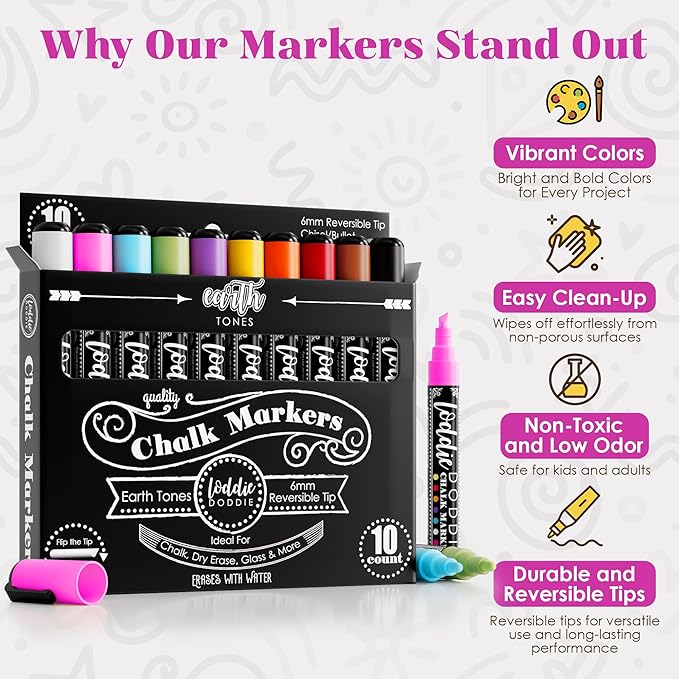 Loddie Doddie Chalk Markers - 10-Pack Earth Tones, 6mm Tips - Erasable Pens for Blackboard & Glass - Reversible Tips for Chalkboard Paint - Vibrant Liquid Chalk Window Markers for Cars & Home Glass