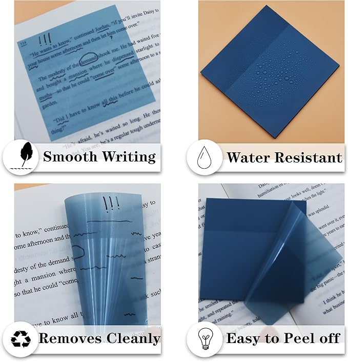 YOUDEFUL Translucent Sticky Notes, Cute Clear Sticky Notes, 3"x3" Waterproof Transparent Sticky Note Pads for Books Annotation, Clear Post it Notes for Bible Journaling Study