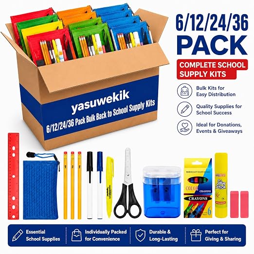 12 Pack Bulk School Supplies Kit, Individually Packed Classroom Essentials for Donation Drives, Outreach Programs, Community Events and Christmas Shoebox Packing