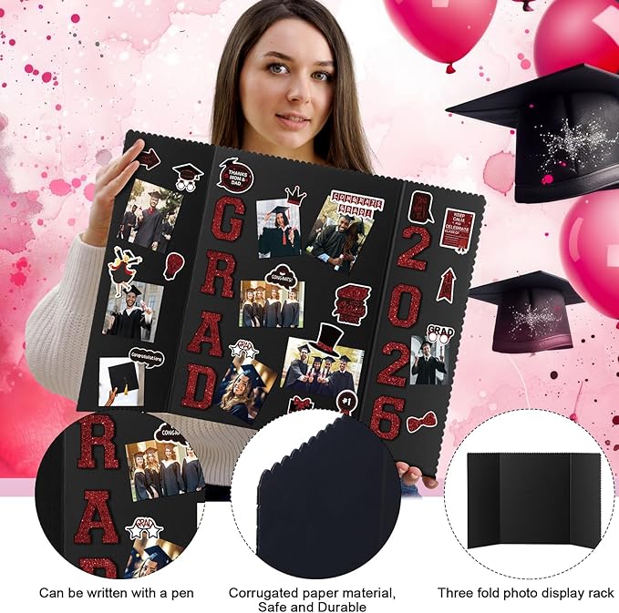 MiniInflat 4 Set 2026 Graduation Picture Trifold Poster Board Double-Sided Foldable Photo Display Board Graduation Decoration for Class of 2026 High School College DIY Craft(Burgundy,24 x 16 Inches)