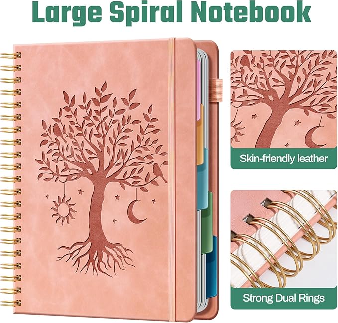 Ovesmusl Hardcover Spiral Notebook 8.5" x 11" with 5 Removable Dividers 300 Pages Leather 5 Subject Notebook College Ruled 100GSM Large Spiral Notebooks for Work Thick Lined Journal for Women, Pink