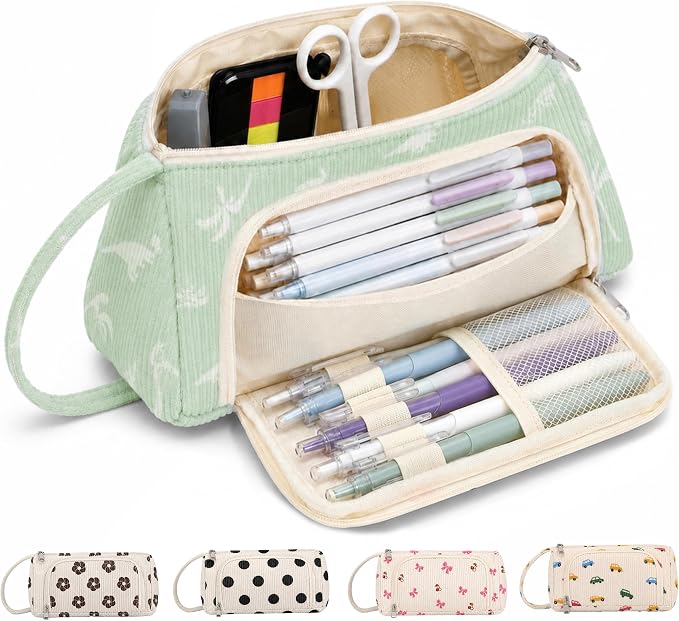 Big Capacity Pencil case,Soft Corduroy Pencil Bag with 3 Compartment Pouch Bag for School Supplies Office for Teen Girls Boys Women Man (Dinosaur)