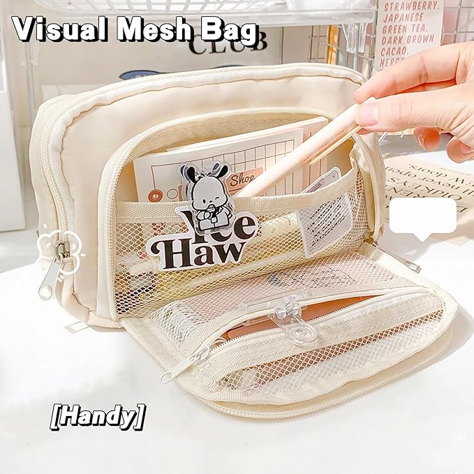 LSLSHY Big Capacity Pencil Case Large Three-ply Zipper Pen Pouch Office School Stationery Supplies for Teen Girls Boys Students (Beige)