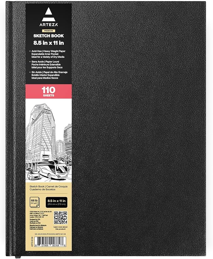 ARTEZA Hardcover Sketchbook, 8.5 x 11 in, 110 Sheets / 220 Pages, 68 lb / 100 GSM Acid-Free Drawing Paper with Ribbon Bookmark and Inner Pocket for Sketching, Drawing, and Journaling