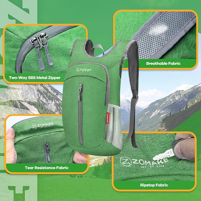 ZOMAKE Lightweight Packable Backpack, 10L Small Foldable Daypack for Hiking | Water Resistant Collapsible Backpacks for Women Men,Everyday Carry, Multi Compartment Storage,Adjustable Strap(Dark Green A1)