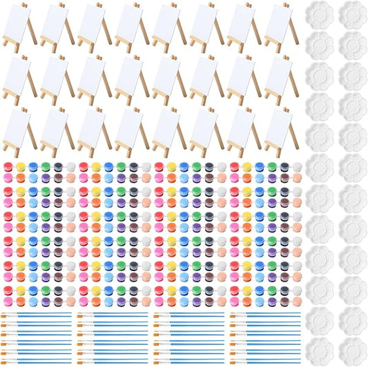 Qilery 12 Set Canvas Painting Kit, Mini Canvas with Wooden Easels Acrylic Paints Strips, Brushes, Palette, Art Set for Acrylic Oil Watercolor Adults Birthday Party Favors(4 x 4 Inch)