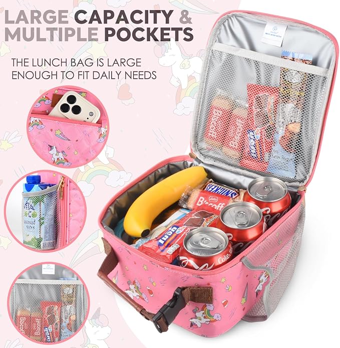Genteen Kids Lunch Box Insulated Soft Mini Cooler with Bottle Holder, Lightweight Reusable Easy-Clean Lunch bag for Girls, Boys Back to School-Unicon