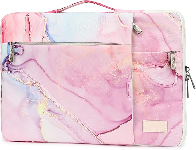 360° Protective 3 Pockets Laptop Sleeve Case Bag Computer Carrying Cover with Handle for MacBook Air 15 inch and 15.6 inch HP, Dell, Acer, Asus, Lenovo Notebook (Pink Marble)